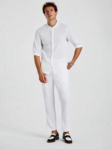 Marvello Homme 男士纯色春夏休闲纯色短袖衬衫和长裤套装，适合丈夫 - 白色 - 查看 5