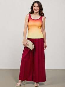 SHEIN LUNE Ladies Solid Color With Pocket Pleated Wide-Leg Pants - Red - View 5