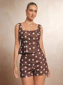 L'Amorae Women Brown Polka Dot Pleated Low Scoop Neck Sleeveless Vest Vintage Elegant, Vacation, Casual