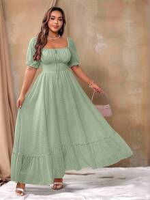 Flirla 加大码甜美浪漫粉色方领蝴蝶结荷叶边下摆长裙复活节装 - 薄荷綠 - 查看 6