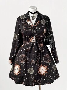 Sweetra 大码女式深色垃圾摇滚太阳脸印花翻领长袖休闲连衣裙 - 彩色 - 查看 2