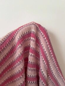 Soleia 女式条纹露肩喇叭袖开衩下摆针织毛衣 - 粉色 - 查看 7