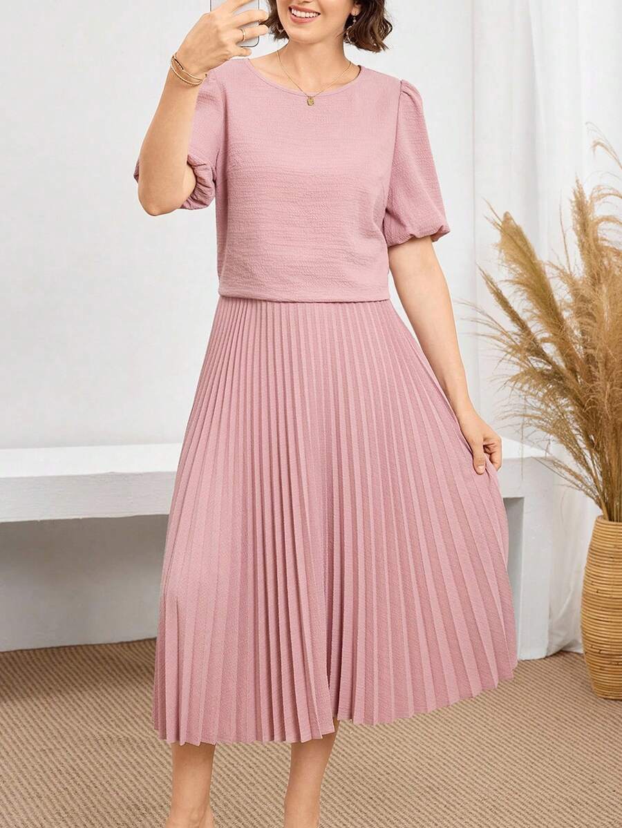 Miaspire 优雅泡泡袖衬衫和褶皱 A 字裙两件套服装 - 粉色 - 查看 1