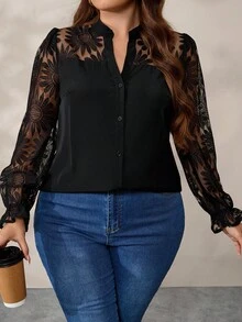 Plus Size Women Elegant Versatile Polo Collar Lace Jacquard Patchwork Blouse Fall Cloth For Women - Black - View 6