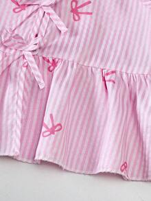 SHEIN Playful Pals 2 件装年轻女孩蝴蝶结条纹无袖上衣，带荷叶边下摆和裤子休闲装 - 粉色 - 查看 5