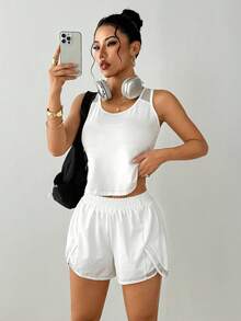 Easithlete 2 件女式无袖 T 恤和短裤套装，休闲运动装运动两件套健身套装 - 白色 - 查看 4