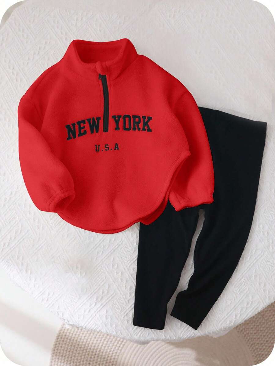 SHEIN Young Girl Cute Letter Printed Stand Collar Fluffy Top & Elastic Waist Long Pants Set Fall Winter - Red - View 1