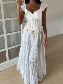 SHEIN EZwear 女式夏季褶饰网眼泡泡袖衬衫 - 白色 - 查看 3