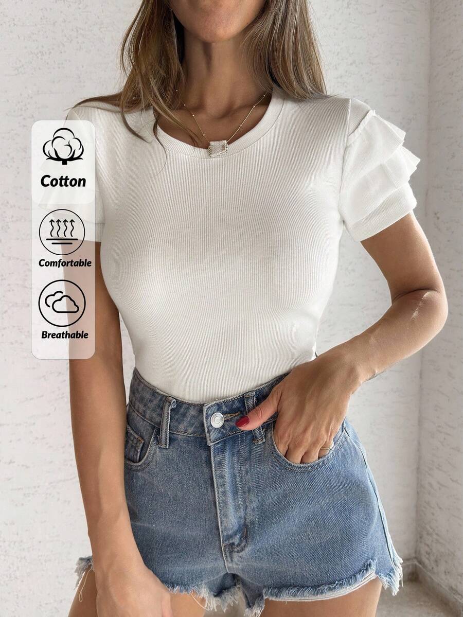 EURMUSE Women Ruffle Detailed Short Sleeve Rib Body Tshirt Cotton - White - View 1