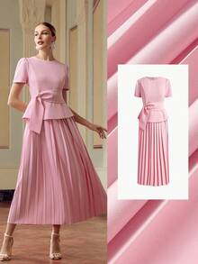 ZEYLAH 女士时尚粉色圆领短款泡泡袖腰带褶边优雅连衣裙 - 粉色 - 查看 7