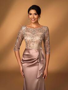 Serin Elegant Luxurious Champagne Embroidered Sequin Lace Satin Sheer Long Sleeve Mermaid Slit Dress, Suitable For Wedding, Party, Vacation, Prom, Evening Gown, Mother Of The Bride, Valentine's Day - Champagne - View 6