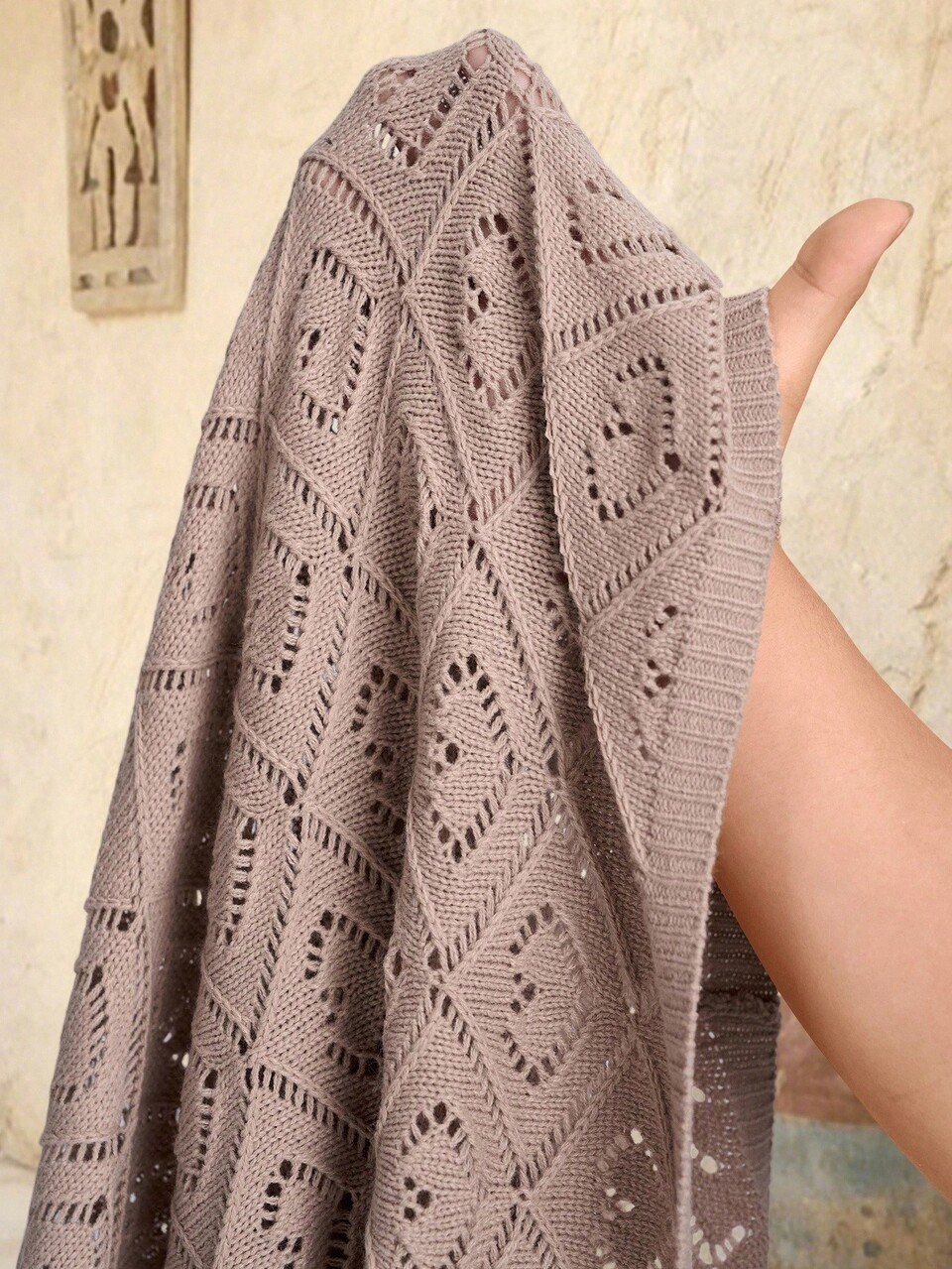 Plus Size Women's Maroon Autumn Boho Vacation Solid Color Hollow Out Long Sleeve Open Front Casual Thin Knitted Cardigan,Open Knit Long Cardigan