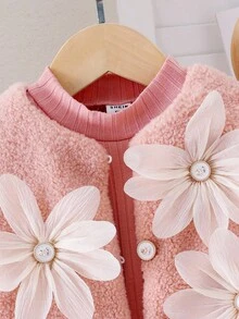 3pcs Baby Girls Pink Fluffy 3D Flower Vest Jacket, Knitted Collar Long Sleeve Top, Pleated Skirt Outfit Set, Fashionable & Cute, Autumn/Winter Girls Pink Skirt Set Baby Girl Skirt Outfit Pink Outfit For Girls Girl Outfits Set Toddler Girl Outfits Pink Skirt Set With White Flower Jacket Princess Dress Toddler Girl Uniform Skirt Outfit With Jacket Baby Girl Fall  Princess  Halloween/Christmas Party Sets For  Vacation  Autumn And Winter