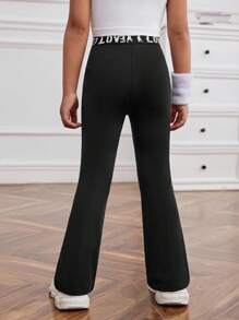 SHEIN Young Girl Knitted Solid Color High-Waisted Flared Pants With Letter Decoration - Black - View 2