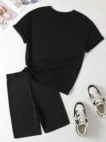 Slaydiva 2pcs/Set Casual Loose Bear Print Short Sleeve T-Shirt And Bear Printed Skinny Cycling Pants, Summer Suitable For Going Out - Black - View 2