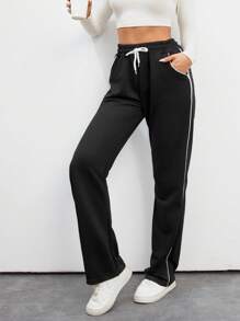 SHEIN Tall Cotton Contrast Piping Drawstring Waist Sweatpants - Black - View 4