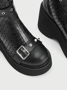 Sugerpunk 女士舒适透气踝靴，适合休闲派对，哥特式金属扣双带后拉链设计，黑色朋克风厚底粗跟踝靴，夏季必备 - 黑色 - 查看 8