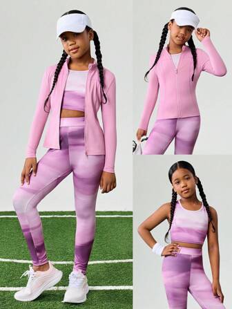JNSQ Tween Girl 3 PiecesSports Set: Tie-Dye Knit Elastic Cropped Tank Top, High Waist Leggings, And Long Sleeve Sports Jacket, Suitable For Autumn/Winter Daily Wear, Outdoor Activities, Vacation, Streetwear, Party And Leisure
