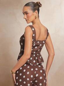 L'Amorae Women Brown Polka Dot Pleated Low Scoop Neck Sleeveless Vest Vintage Elegant, Vacation, Casual