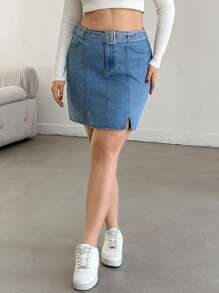 RueChic PLUS HIGH WAIST BELTED SLIT DENIM SKIRT - Light Wash - View 4