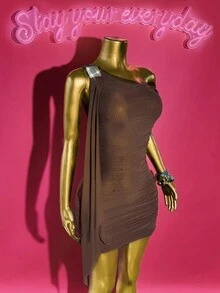 Slaydiva Hàng mới về mùa hè 2025, Thích hợp cho tiệc sinh nhật, tiệc chiêu đãi, tiệc tùng, mùa tựu trường, phong cách đại học, trang phục sinh viên, đi chơi hàng ngày, cơ bản đa năng, thường ngày, kỳ nghỉ, du lịch du thuyền, bãi biển, tắm nắng, mặt hàng lan truyền, thời trang đường phố, thanh lịch, đi làm, thường ngày công sở, vai bất đối xứng, không tay, trang trí khóa kim loại trên vai, trang trí ruy băng, nhún ở cả hai bên, lót lưới, màu nâu, váy ngắn mùa hè, váy nữ - màu nâu - Xem 9