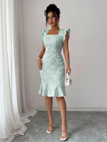 Elenzga 方领荷叶边提花连衣裙 - 薄荷綠 - 查看 4