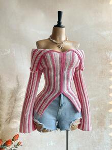 Soleia 女式条纹露肩喇叭袖开衩下摆针织毛衣 - 粉色 - 查看 6