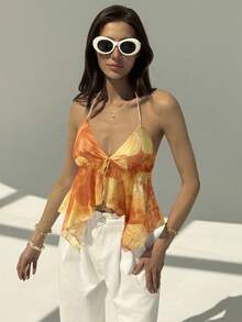 Aloruh 全新花卉和热带印花性感深 V 领露背短款上衣，适合外出、海滩、度假 - 黃色 - 查看 4