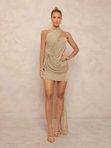 Lumalex Metal Decor Asymmetrical Ruffle Drape Bodycon Mini Dress For Women,Dresses For Women Party Night Out Champagne Gold Summer - Khaki - View 2