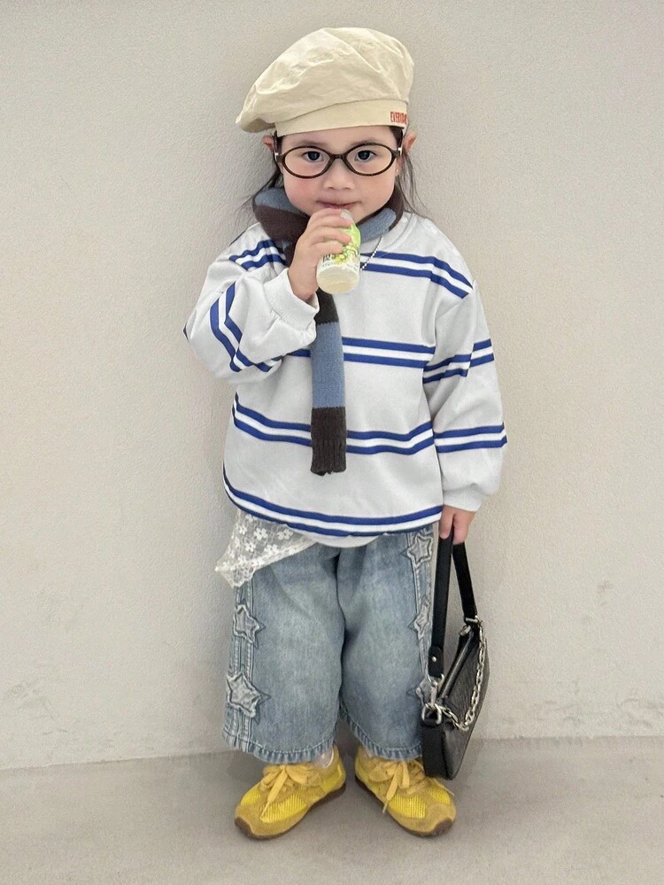 Toddler Girls' Round Neck Striped Loose Fit Long Sleeve Sweatshirt, Korean Style, Autumn/Winter