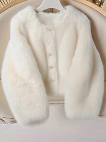 Franclia 女式纯色长袖单排扣宽松休闲仿皮草夹克 - 杏色 - 查看 1