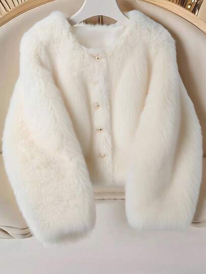 Franclia 女式纯色长袖单排扣宽松休闲仿皮草夹克