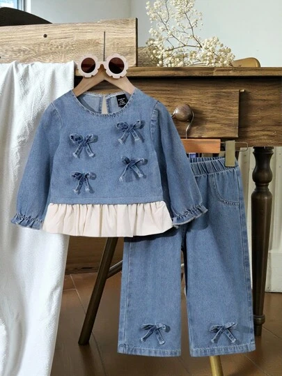 SHEIN Vintaside Kids 女宝宝韩版优雅3D蝴蝶结时尚套装，秋冬