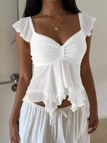 SHEIN EZwear 女式夏季褶饰网眼泡泡袖衬衫 - 白色 - 查看 5