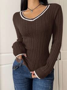 CovetEZ 女式撞色装饰扭纹修身长袖套头衫 - 棕色 - 查看 6