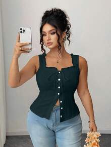 SHEIN Clasi Top casual de culoare solidă cu nasturi în față, mărime plus, topuri de vară pentru femei, topuri cu corset pentru femei, topuri de vară, topuri curbate, topuri la modă - Verde - Vizualizare 1