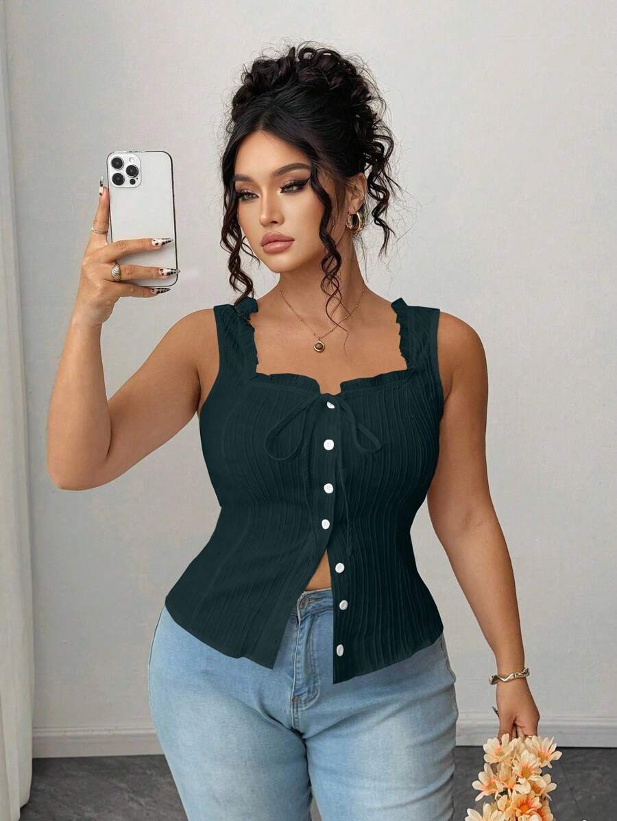 SHEIN Clasi Top casual de culoare solidă cu nasturi în față, mărime plus, topuri de vară pentru femei, topuri cu corset pentru femei, topuri de vară, topuri curbate, topuri la modă - Verde - Vizualizare 1