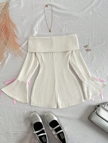 SHEIN Tween Girl Fitted Casual Minimalist Comfortable Off Shoulder Contrast Color Bowknot Jumpsuit