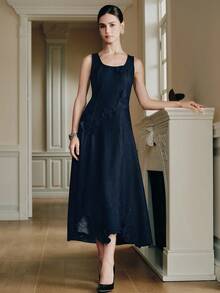 Anewsta 女士优雅玫瑰刺绣镂空无袖连衣裙，现代别致，秋季