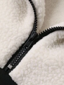 FRIFUL 女式夏尔巴撞色 Polo 领宽松套头衫，正面带徽标贴片，秋季 - 黑與白 - 查看 7