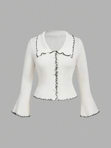 SHEIN MOD Cárdigan acampanado de manga con textura acanalada en color albaricoque, talla grande, para otoño/invierno - Albaricoque - Ver 3