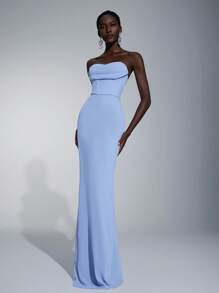 Elitara 优雅简约开衩领口合身长裙，后背开衩，适合伴娘