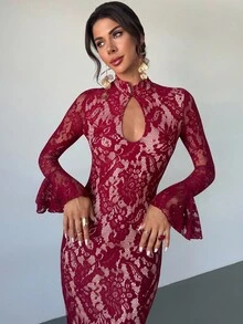 Firerie Women's Elegant Romantic Alluring Party Cocktail Dress, Burgundy Lace Hollow Design Flare Sleeve Slim Fit, Suitable For Autumn & Winter,Sexy,Red Corset,Christmas,Dresses For Women Elegant - Burgundy - View 4