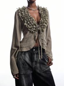 LYSMO 2025 New Arrive Minimalism Fall Women's Solid Color Multi-Layer Frill Trim Front Tie Long Sleeve Fashionable Blouse - Army Green - View 4