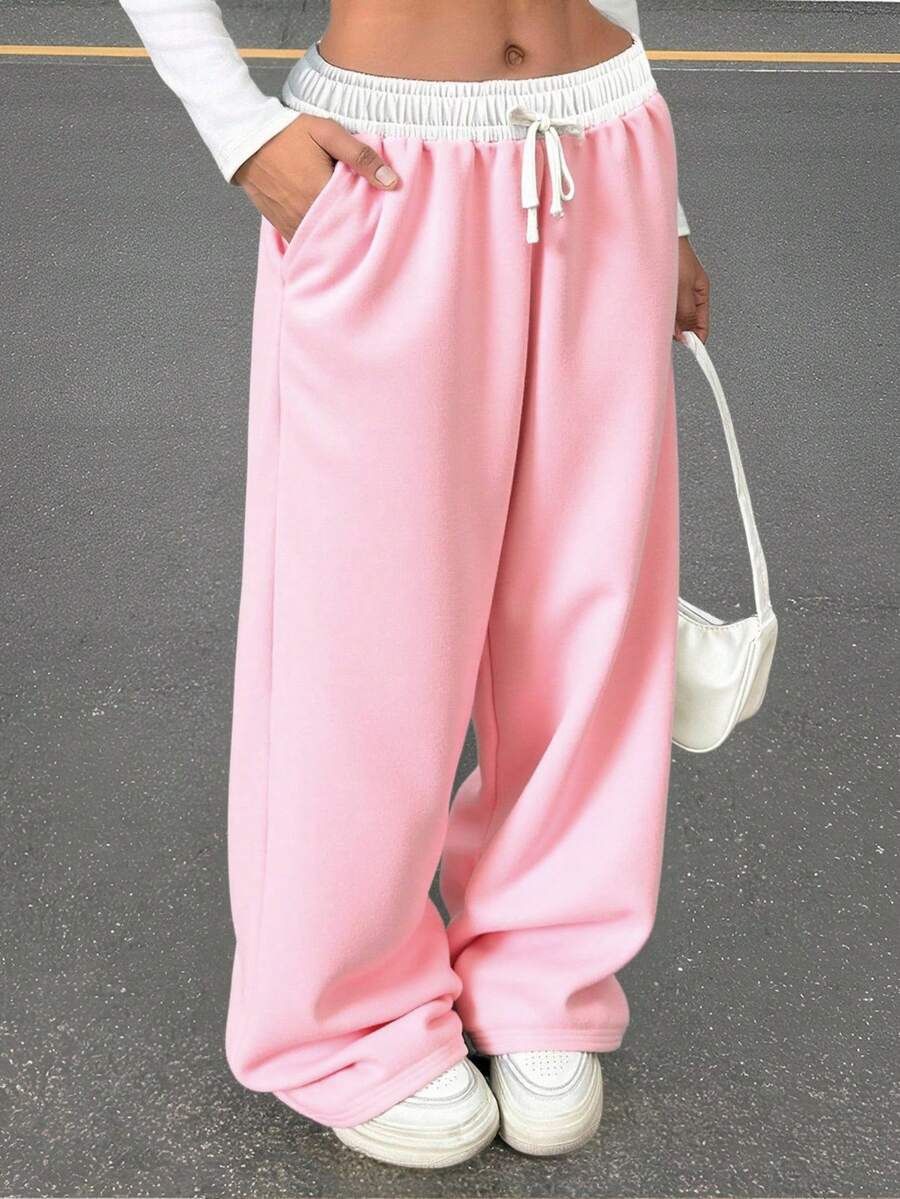SHEIN Quần nỉ dệt kim màu hồng nhạt có dây rút tương phản, dáng rộng thoải mái, phong cách học viện thể thao cổ điển, thường ngày cho nữ sinh trung học - Màu Hồng baby - Xem 1