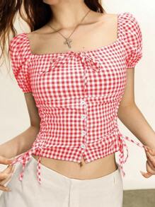INAWLY 夏季红色格子丝带领带蝴蝶结休闲衬衫 - 紅色 - 查看 4