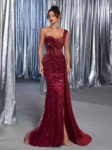 Glamrae 优雅奢华刺绣亮片蕾丝拼布缎面性感大腿高开衩美人鱼裙，带侧褶饰边，适合婚礼、派对、舞会、宴会（重度装饰） - 酒紅色 - 查看 5