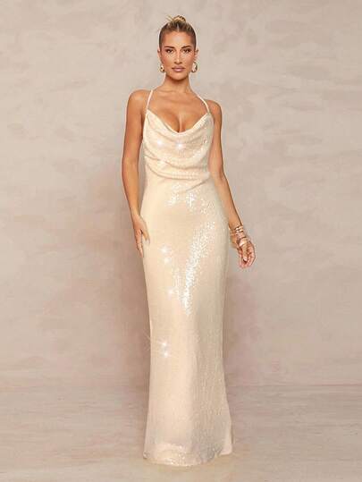 Lumalex Sequin & Metallic Chain Decor Backless Criss-Cross Mermaid Dress For Women