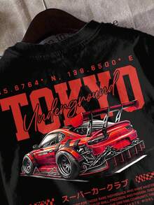 SHEIN 年轻男孩休闲简约宽松舒适英文字母汽车复古卡通街头风运动风短袖圆领T恤适合夏季 - 黑色 - 查看 5