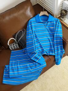 Muvela Vintage lässiger Preppy-Stil Zweiteiler mit locker sitzender gestreifter Langarm-Poloshirt und Rock, Schulanfangs-Outfit für Frauen Herbst, Damenbekleidung mit Baumwollanteil - Verschiedenfarbig - Übersicht 1